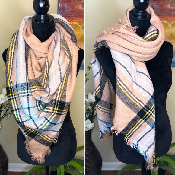 Plaid Blanket Wrap Scarf Tan White Blue Blk Yellow - Picture 1 of 7